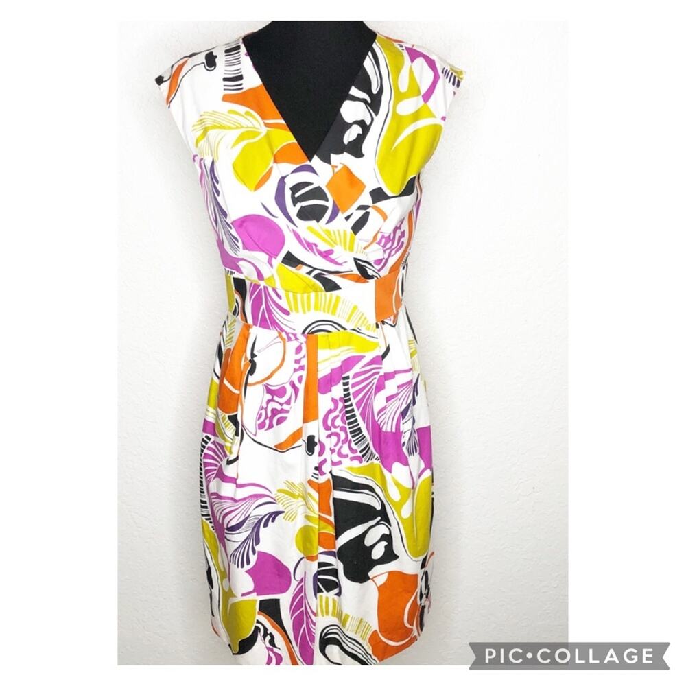 Lafayette 148 New York white orange purple floral tropical print dress size 10
